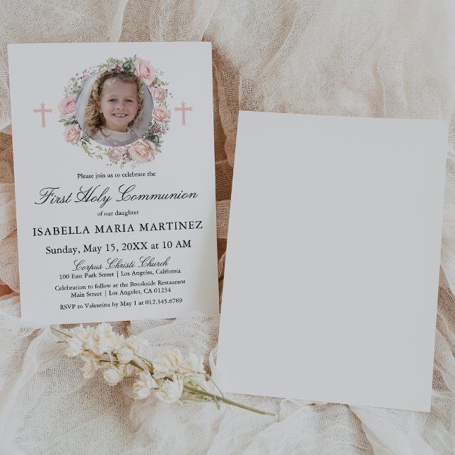 Invitación Foto de Primera Comunión Rosa Floral Rosa (Subido por el creador)