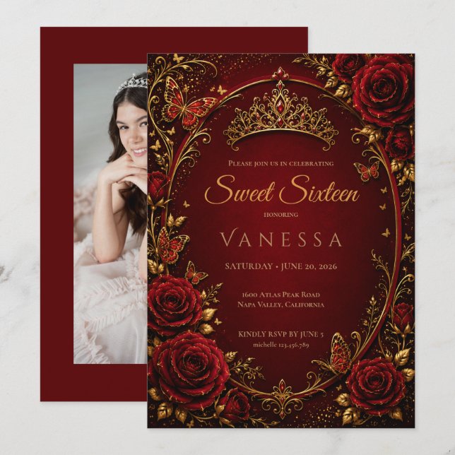 Invitación foto de princesa dulce 16 roja (Anverso / Reverso)