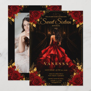 Invitación Foto de Princesa Dulces 16 Rojo Dorado