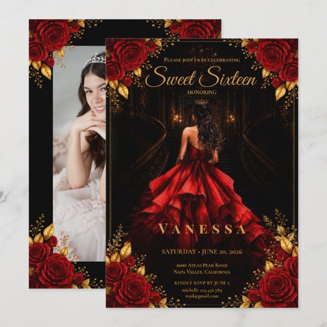 Invitación Foto de Princesa Dulces 16 Rojo Dorado (Anverso / Reverso)