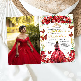 Invitación Foto de princesa floral de la quinceañera roja