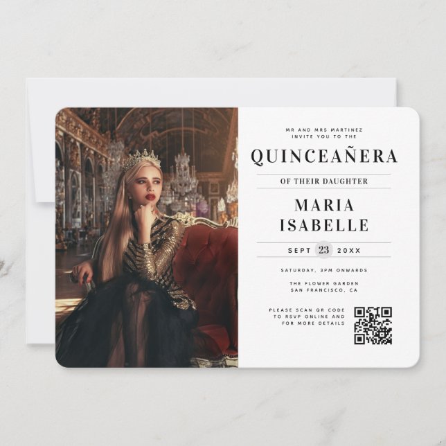 Invitación Foto de Princesa Moderna Código QR Quinceañera (Anverso)