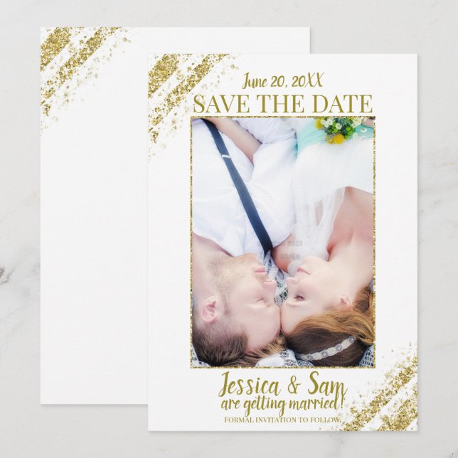 Invitación Foto de Purpurina blanco y dorado Guardar Boda de  (Anverso / Reverso)