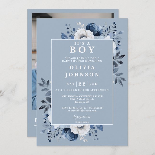 Invitación Foto de QR Baby Shower de un niño con flores azule (Anverso / Reverso)