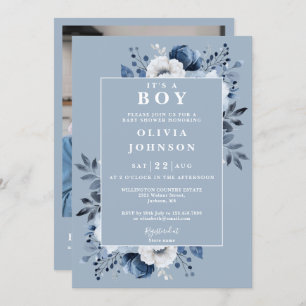 Invitación Foto de QR Baby Shower de un niño con flores azule