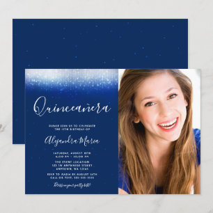 Invitación Foto de Quinceanera Azul de la Marina Glam