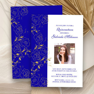 Invitación Foto de Quinceañera Azul Real y Dorada Elegante