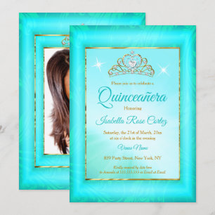 Invitación Foto de Quinceanera azul Verde azulado Damask Gold