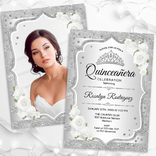 Invitación Foto de Quinceanera blanca plateada