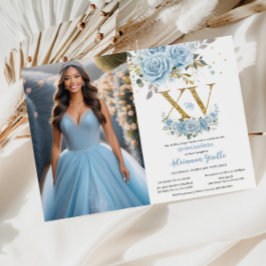 Invitación Foto de Quinceañera Blue Floral Gold XV