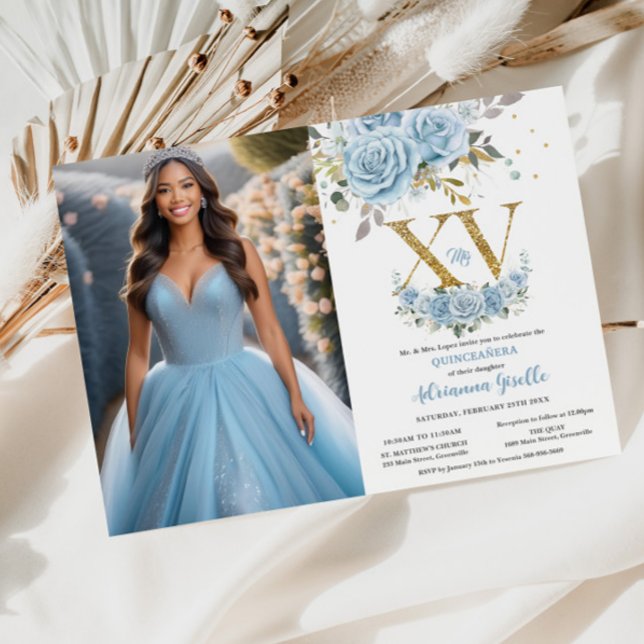 Invitación Foto de Quinceañera Blue Floral Gold XV (Subido por el creador)