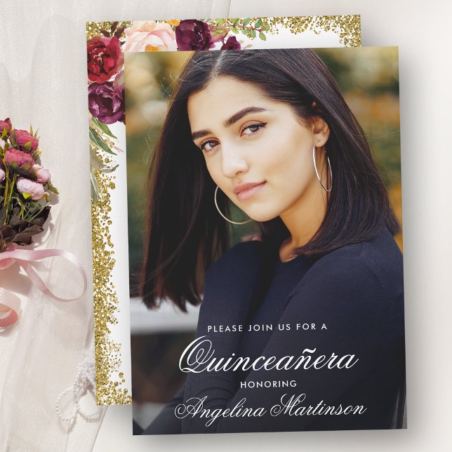 Invitación Foto de Quinceanera Burgundy Floral Gold Purpurina (Customize to change text size or text style.)
