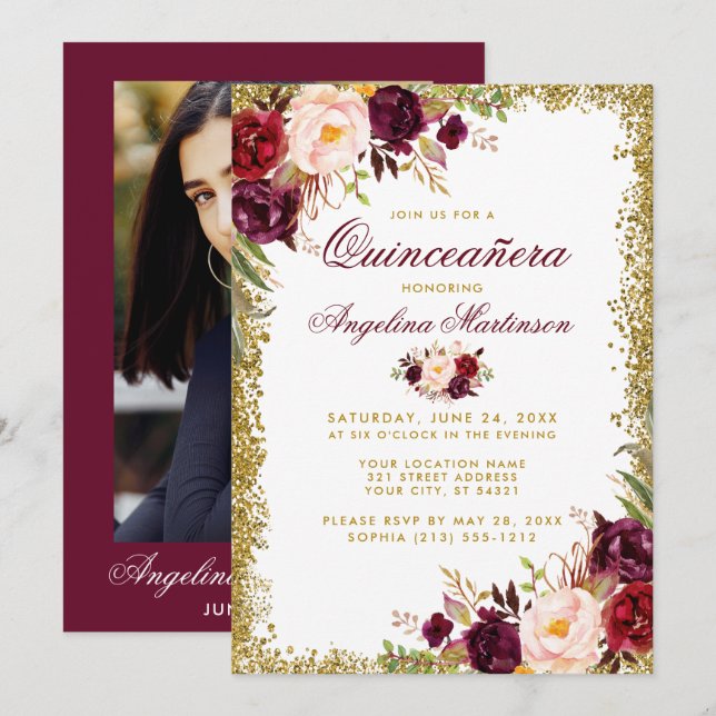 Invitación Foto de Quinceanera Burgundy Floral Gold Purpurina (Anverso / Reverso)