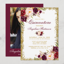 Invitación Foto de Quinceanera Burgundy Floral Gold Purpurina