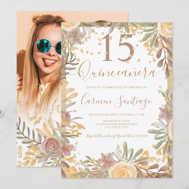 Invitación Foto de Quinceañera con acuarela floral marrón dor (Anverso / Reverso)