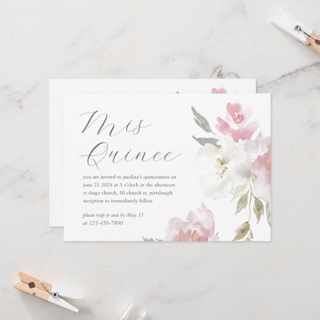 Invitación Foto de Quinceañera con bonito Floral Rosa 15º cum (Anverso/Reverso In Situ)