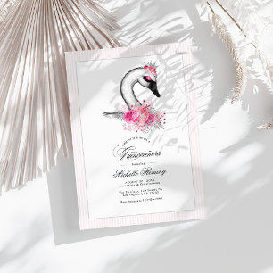 Invitación Foto de Quinceañera con Cisne Blanco y Floral Rosa
