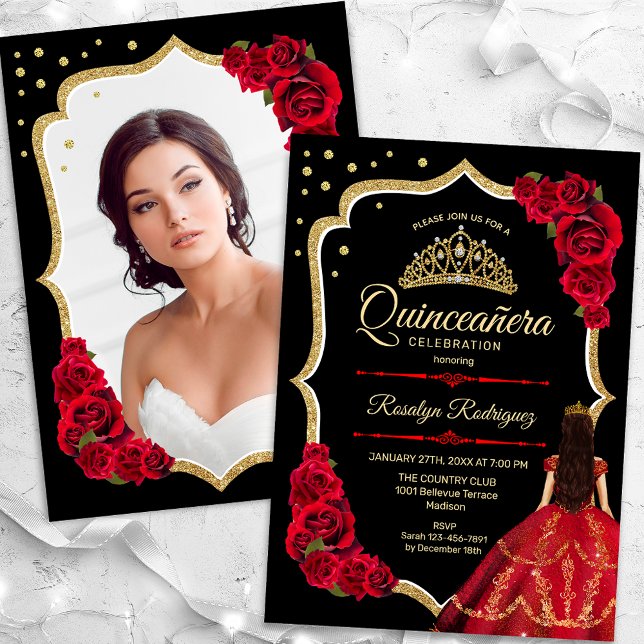 Invitación Foto de Quinceanera con el vestido rojo negro de o (Subido por el creador)