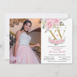 Invitación Foto de Quinceañera con flores rosadas del bebé XV