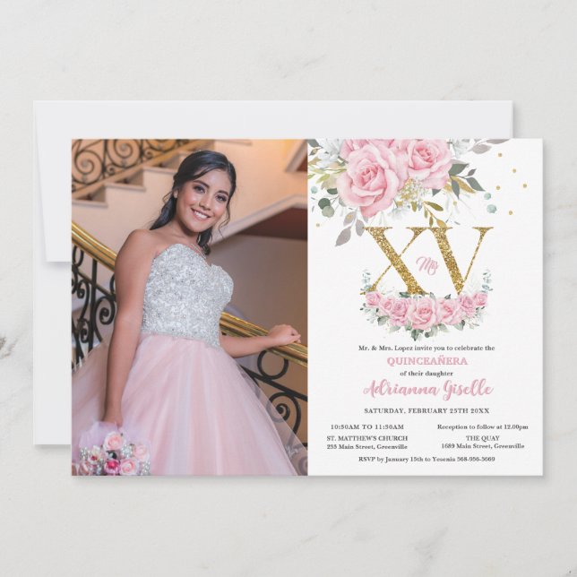 Invitación Foto de Quinceañera con flores rosadas del bebé XV