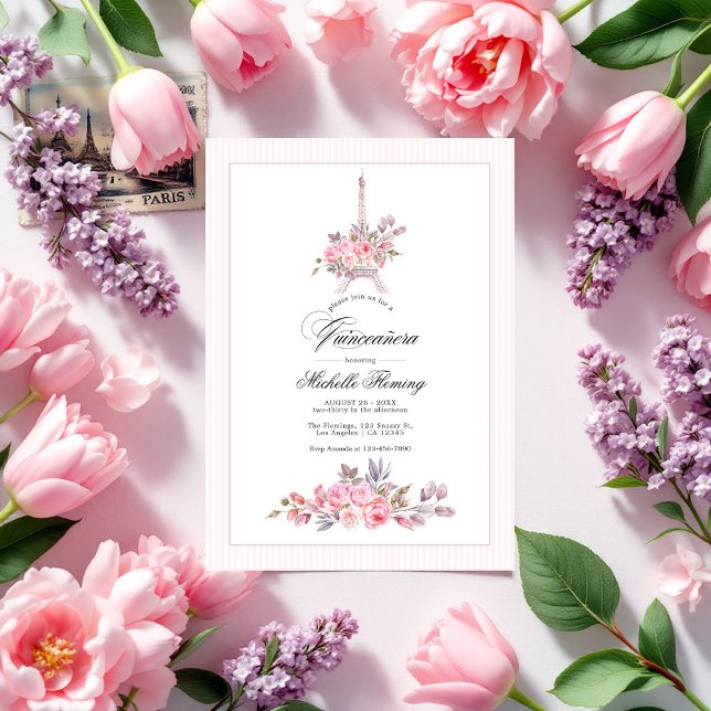 Invitación Foto de Quinceañera con flores rosadas parisinas (Parisian Pink Floral Quinceañera Photo Invitation)