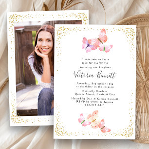 Invitación Foto de Quinceañera con Mariposa Acuarela 15º