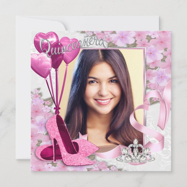 Invitación Foto de Quinceañera con Zapatos Rosados (Anverso)