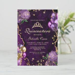 Invitación Foto de Quinceanera de Agante Floral Purple Gold