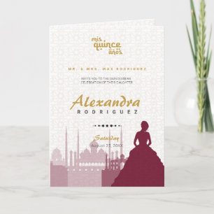 Invitación Foto de Quinceañera de Borgoña y Oro Árabe