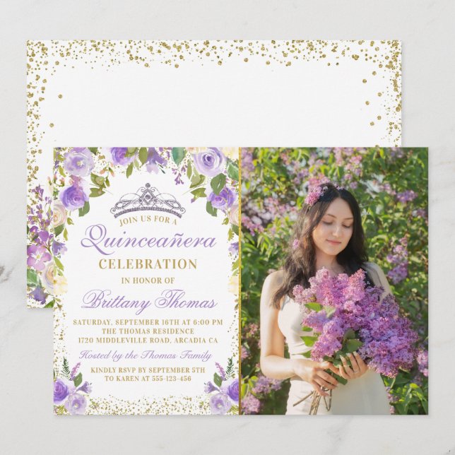 Invitación Foto de Quinceanera de oro de espuma morada floral (Anverso / Reverso)