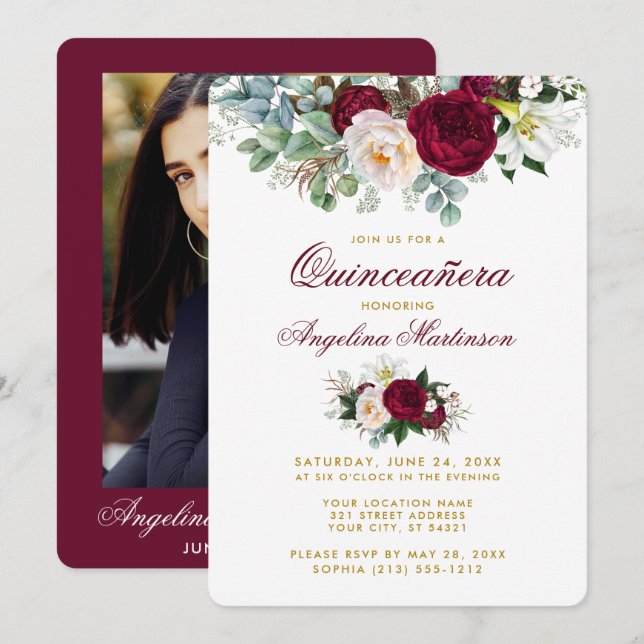 Invitación Foto de Quinceanera de oro de la vegetación floral (Anverso / Reverso)
