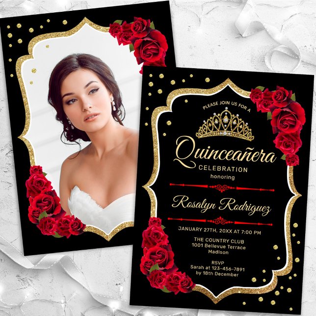 Invitación Foto de Quinceanera de oro rojo negro (Subido por el creador)