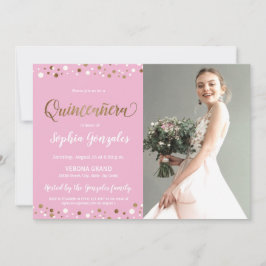 Invitación Foto de Quinceanera del Confetti de Oro Rosado por