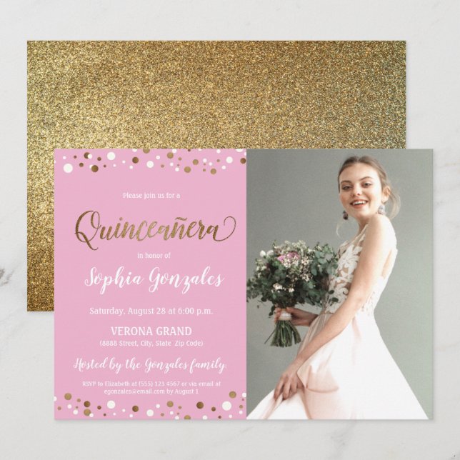 Invitación Foto de Quinceanera del Confetti de Oro Rosado por (Anverso / Reverso)