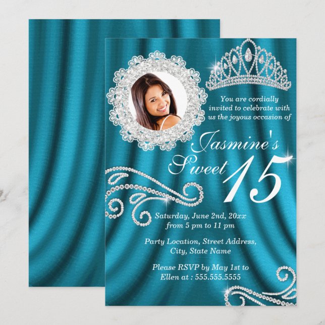 Invitación Foto de Quinceanera del diamante de plata verde az (Anverso / Reverso)