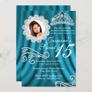 Invitación Foto de Quinceanera del diamante de plata verde az