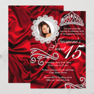 Invitación Foto de Quinceanera del diamante rojo plateado
