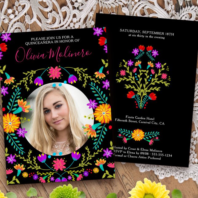 Invitación Foto de Quinceanera Fiesta Mexicana Floral Negro (Quinceanera invitation with photo from my Mexican Fiesta Floral collection
)