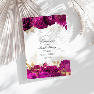 Invitación Foto de Quinceañera floral dorada y rosa intenso e