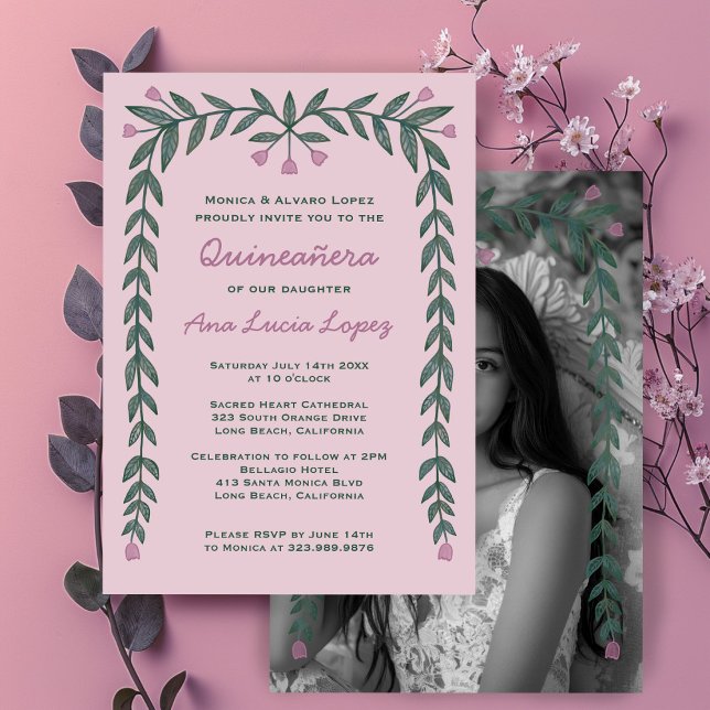 Invitación Foto de Quinceañera Floral Frame Personalizado (Quinceañera Floral Frame Custom Photo Invitation
)