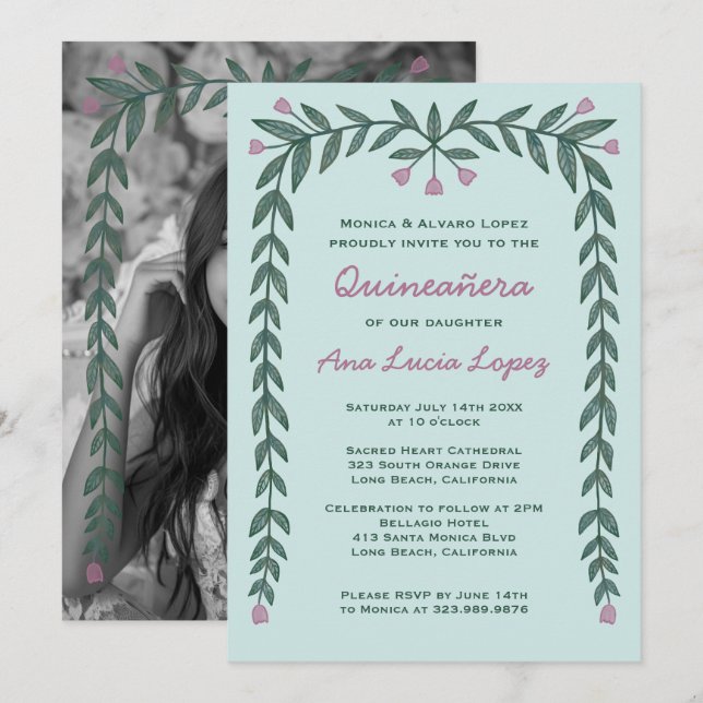 Invitación Foto de Quinceañera Floral Frame Personalizado (Anverso / Reverso)