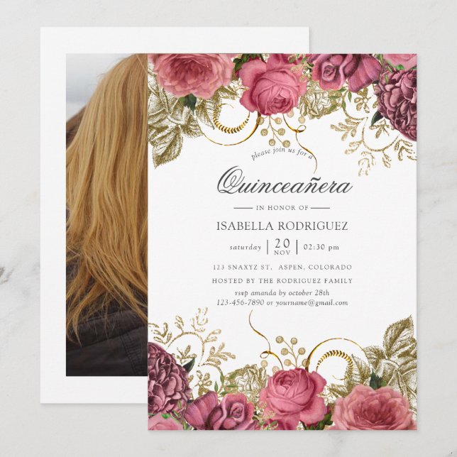 Invitación Foto de Quinceañera floral rosa y dorada (Anverso / Reverso)