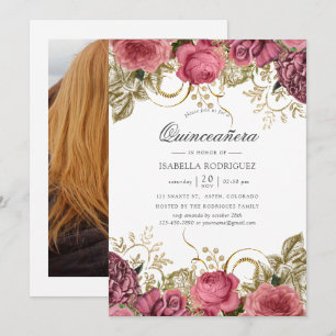Invitación Foto de Quinceañera floral rosa y dorada
