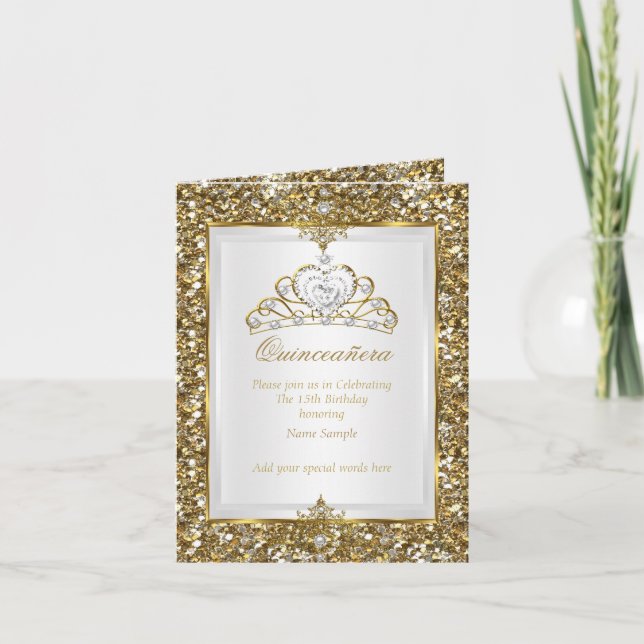 Invitación Foto de Quinceanera Gold Purpurina Perla Blanca Ti (Anverso)