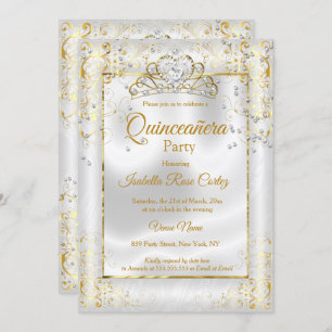 Invitación Foto de Quinceanera Oro blanco Tiara Diamante Cora