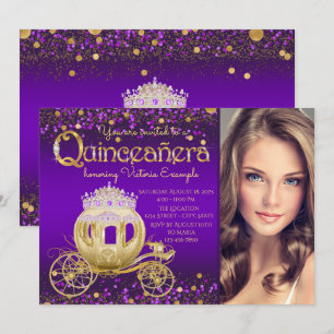 Invitación Foto de Quinceañera Princesa de Morado y Dorado