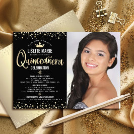 Invitación Foto de Quinceañera Purpurina de oro negro Girly T