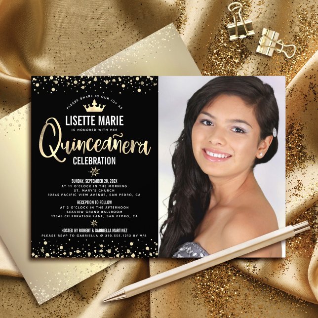 Invitación Foto de Quinceañera Purpurina de oro negro Girly T (Subido por el creador)