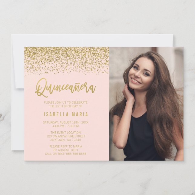 Invitación Foto de Quinceanera, Purpurina de oro rosa de Rubo (Anverso)