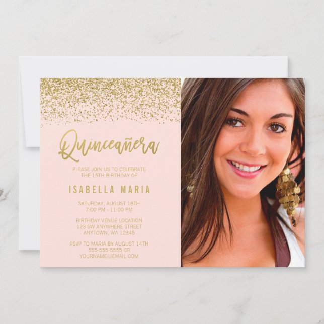 Invitación Foto de Quinceanera, Purpurina de oro rosa de Rubo (Anverso)
